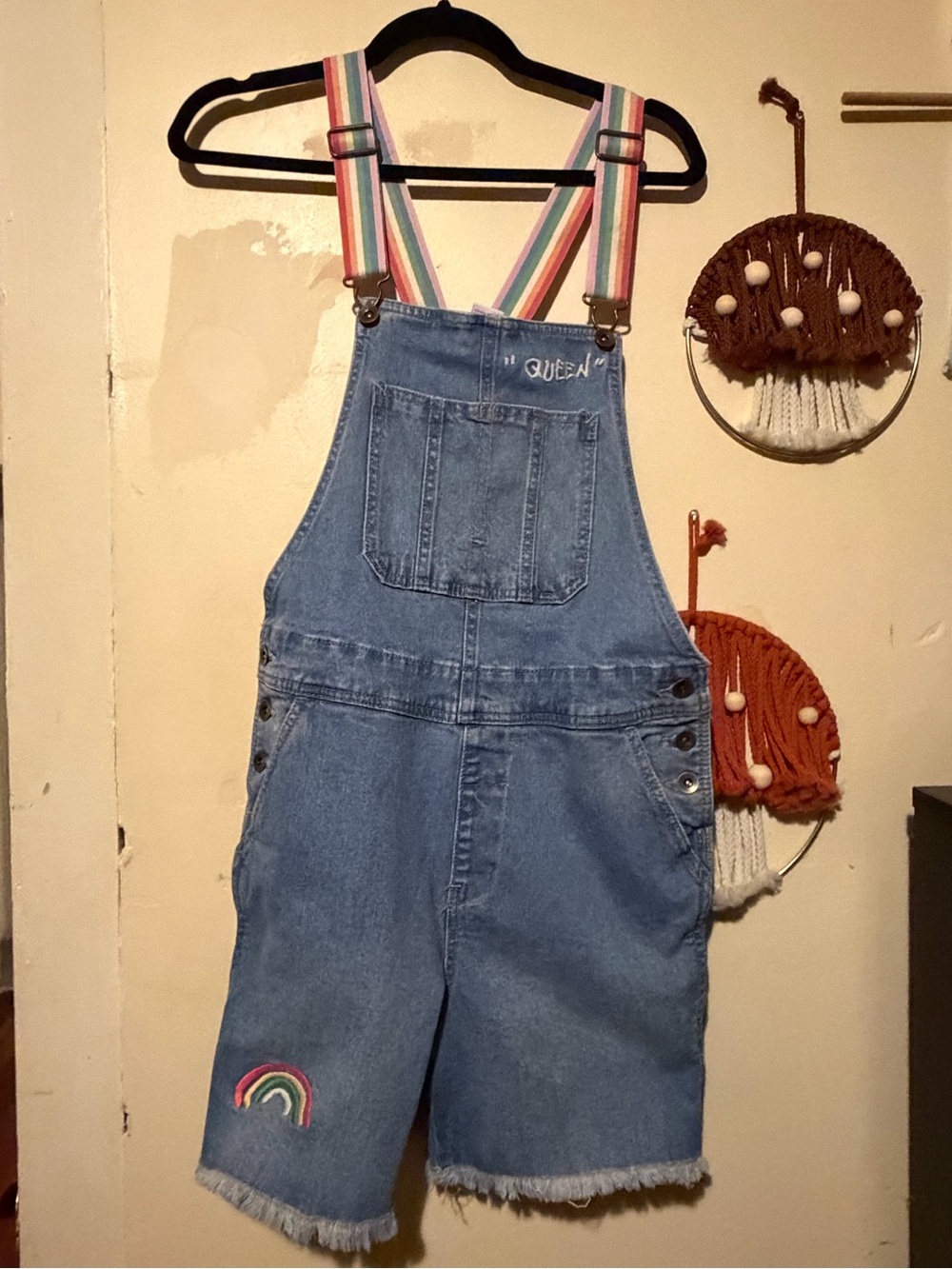 Denim Rainbow Strap Short Overalls